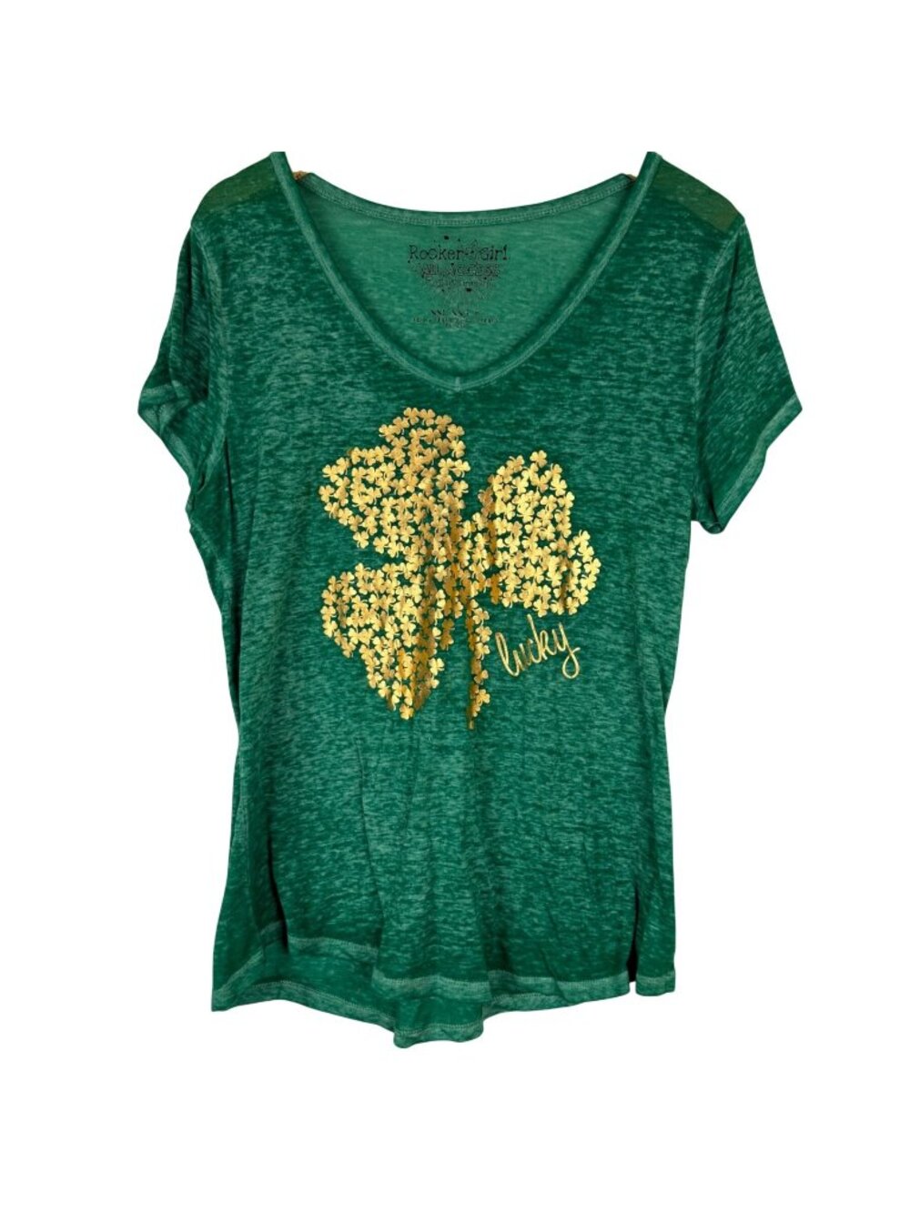 Rocker Girl Womens XXL/XXG Lucky Clover V-Neck Burnout Top Green Gold